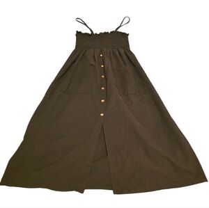 RED Sleeveless Smocked Top Button Front Midi Dress  Pockets Size XL/14 EUC